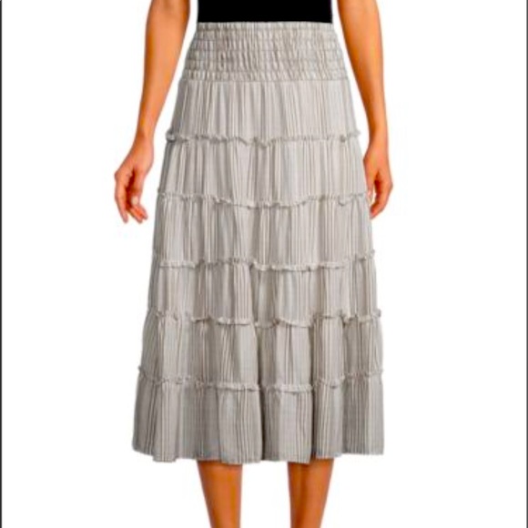 Max Studio Skirt Olive Striped Tiered Midi Green Gray Smocked Waist E-waist NWT - Picture 2 of 10